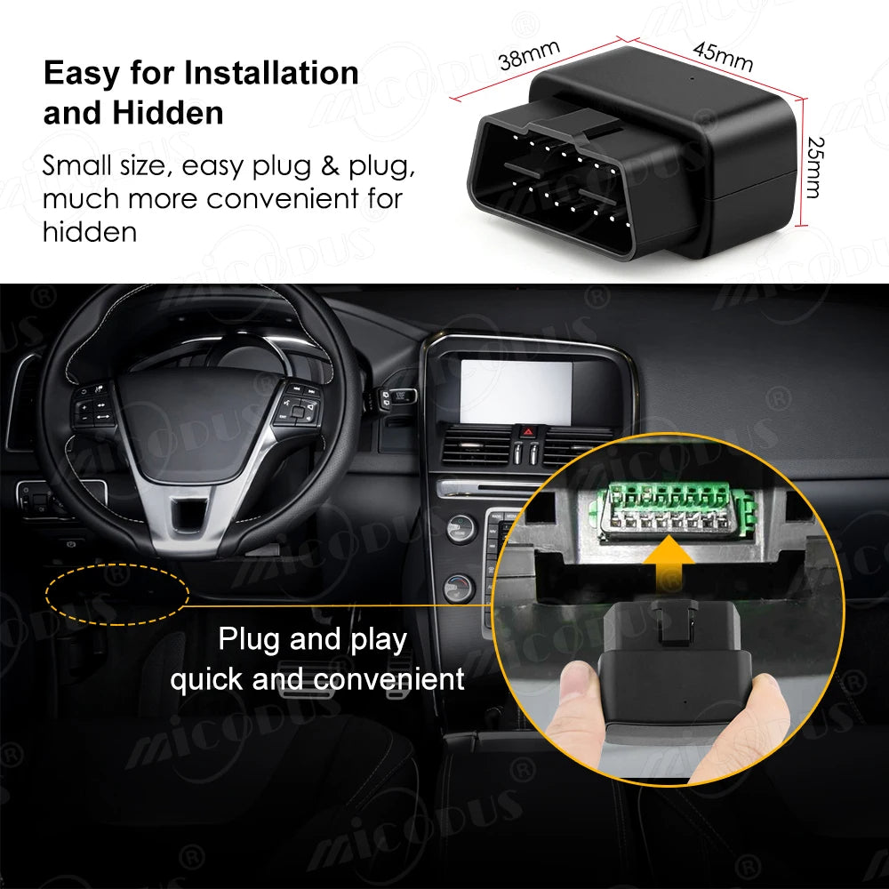 Mini OBD GPS Tracker OBD2 Car Tracker Micodus MV33 Realtime Tracking GPS Locator Shock&amp;Plug-out Alarm Geofence Free APP With Sim