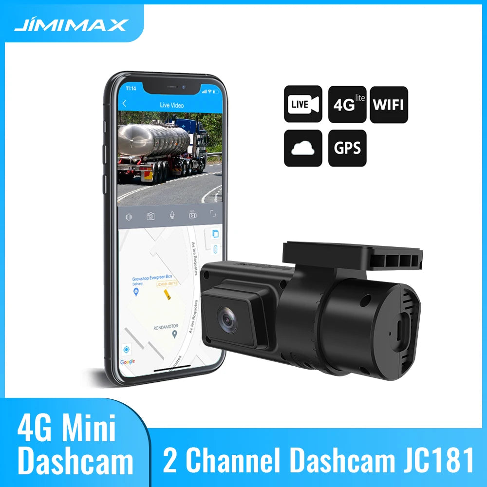 JIMIMAX JC181 Mini 4G Dual DashCam Wifi 2 Live Stream Video 1080P Front & Inside Car Camera Remote Monitor APP GPS Cloud Record